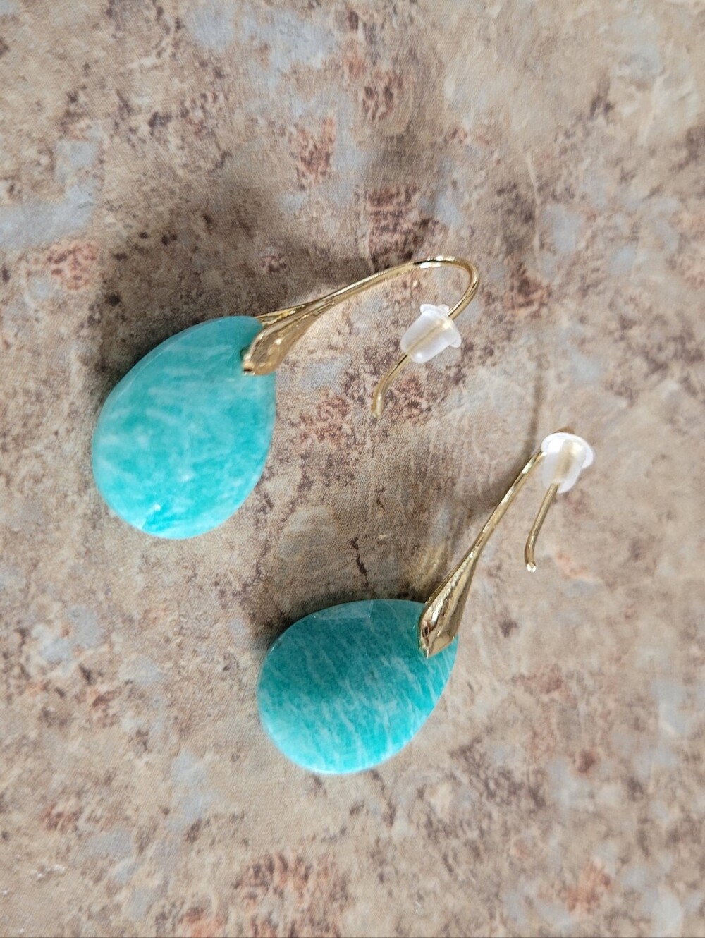 Gold Tone and Teal Dangle Drop Earrings - Hook